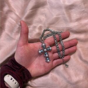 Elegant Silver Cross Pendant Necklace with Turquoise and Pearl Details